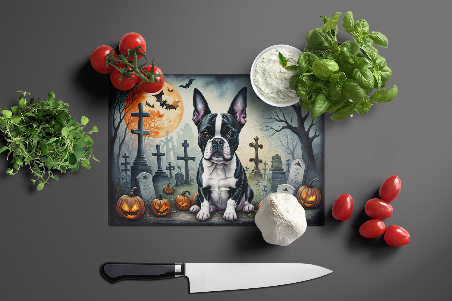 Boston Terrier Spooky Halloween Glass Cutting Board Large