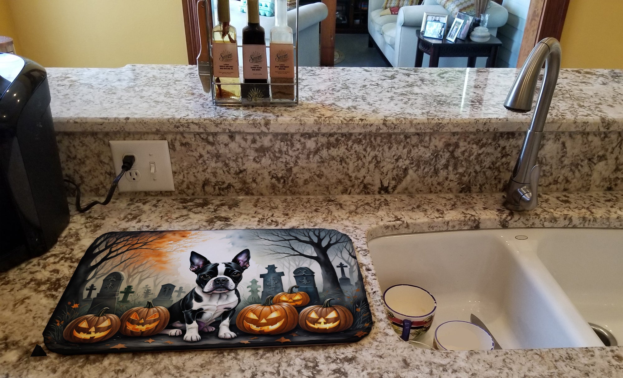 Boston Terrier Spooky Halloween Dish Drying Mat