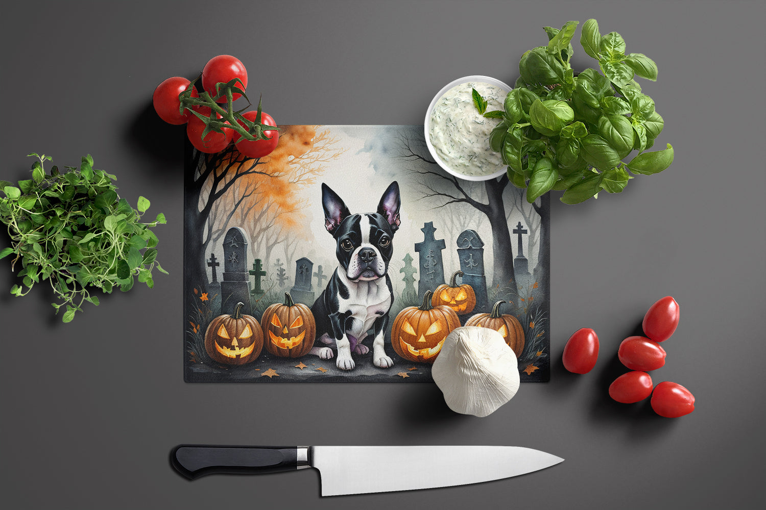 Boston Terrier Spooky Halloween Glass Cutting Board Large