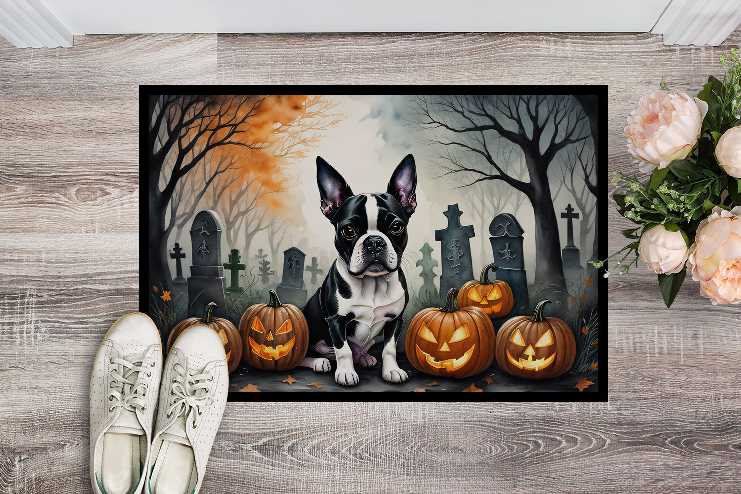 Boston Terrier Spooky Halloween Doormat 18x27
