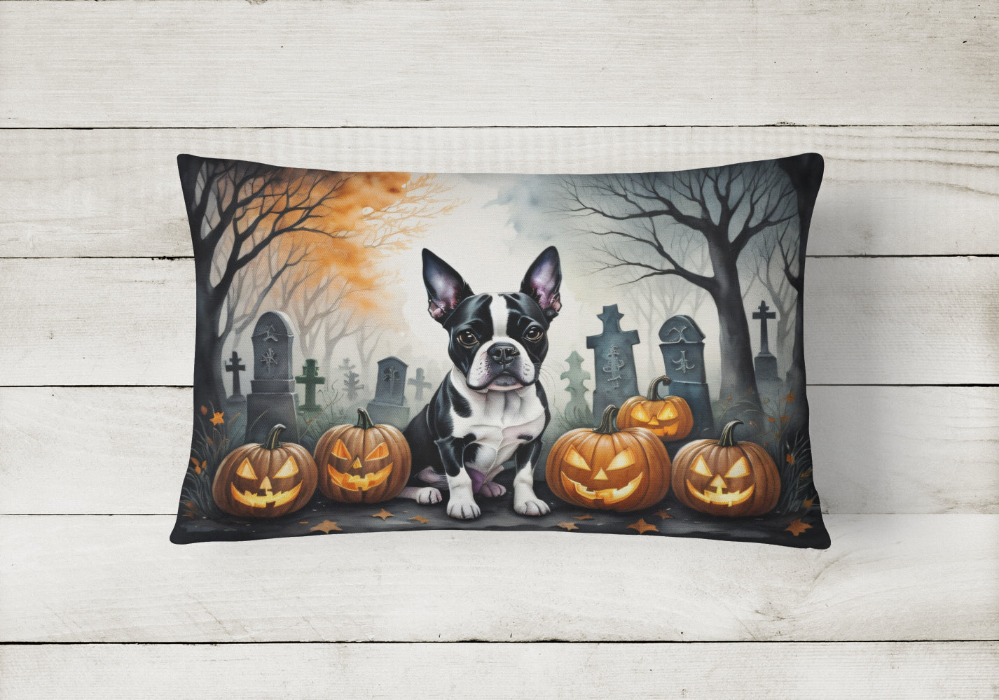Boston Terrier Spooky Halloween Fabric Decorative Pillow