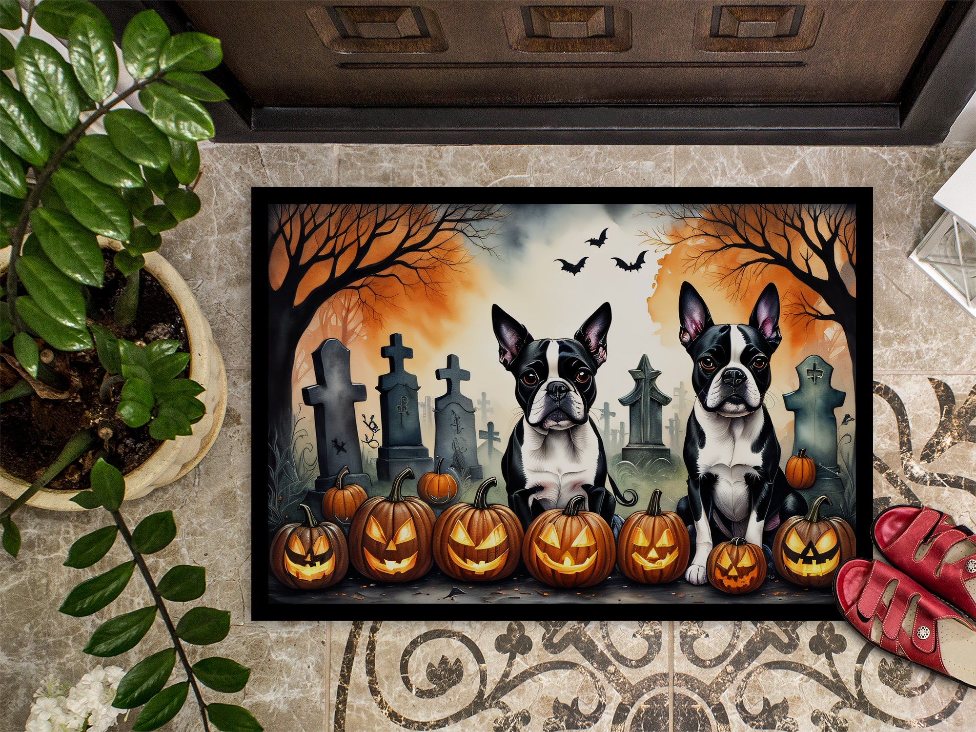 Boston Terrier Spooky Halloween Indoor or Outdoor Mat 24x36