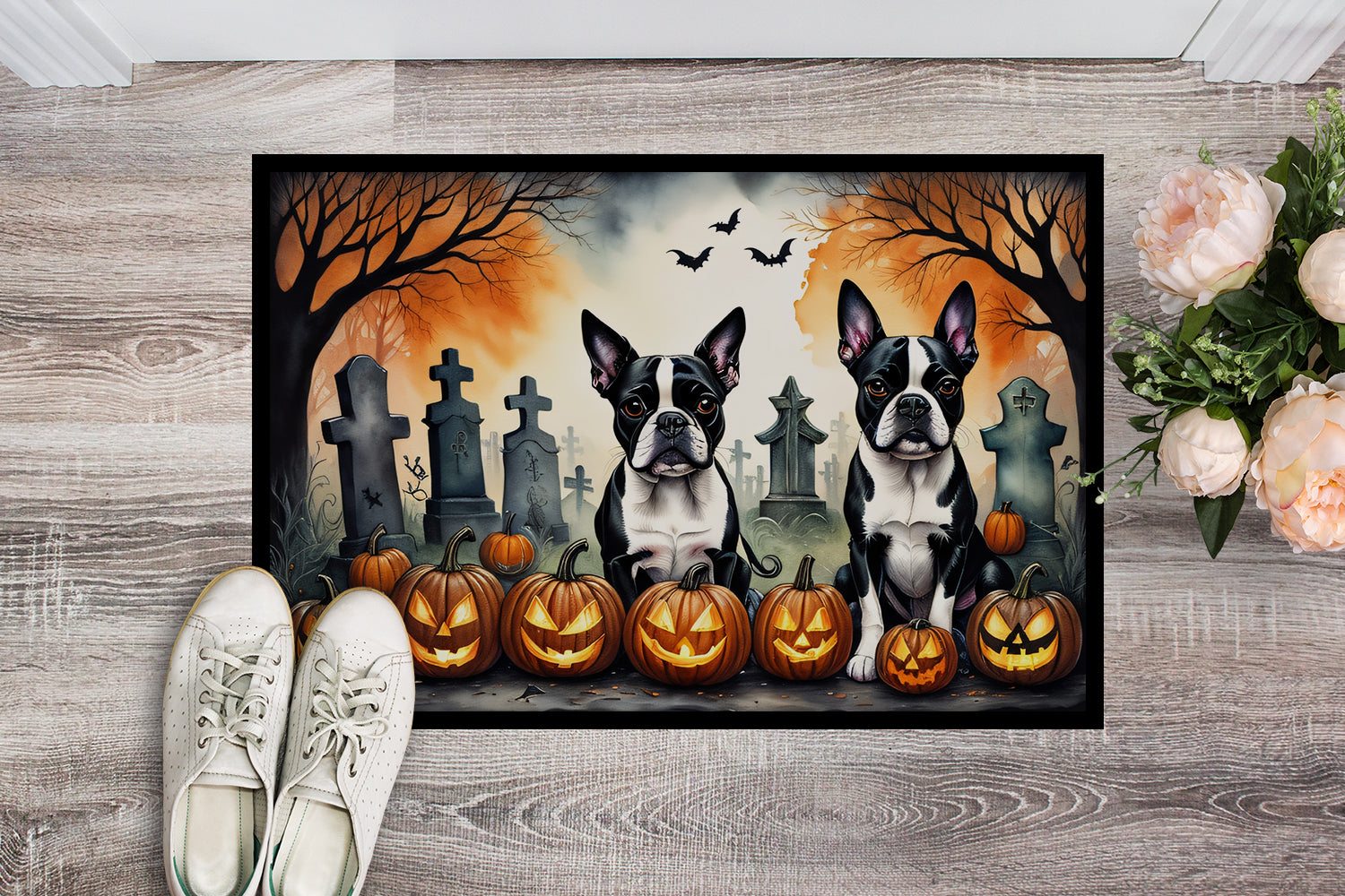 Boston Terrier Spooky Halloween Doormat 18x27