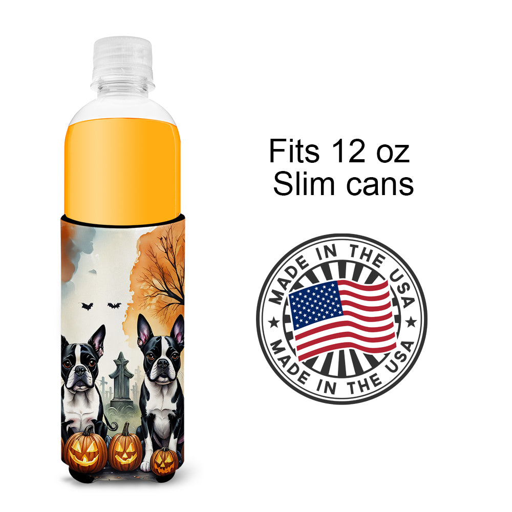 Boston Terrier Spooky Halloween Hugger for Ultra Slim Cans