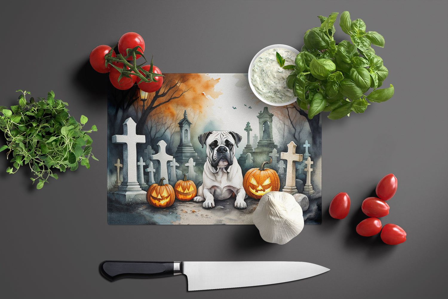 Boxer Spooky Halloween Glass Cutting Board Large