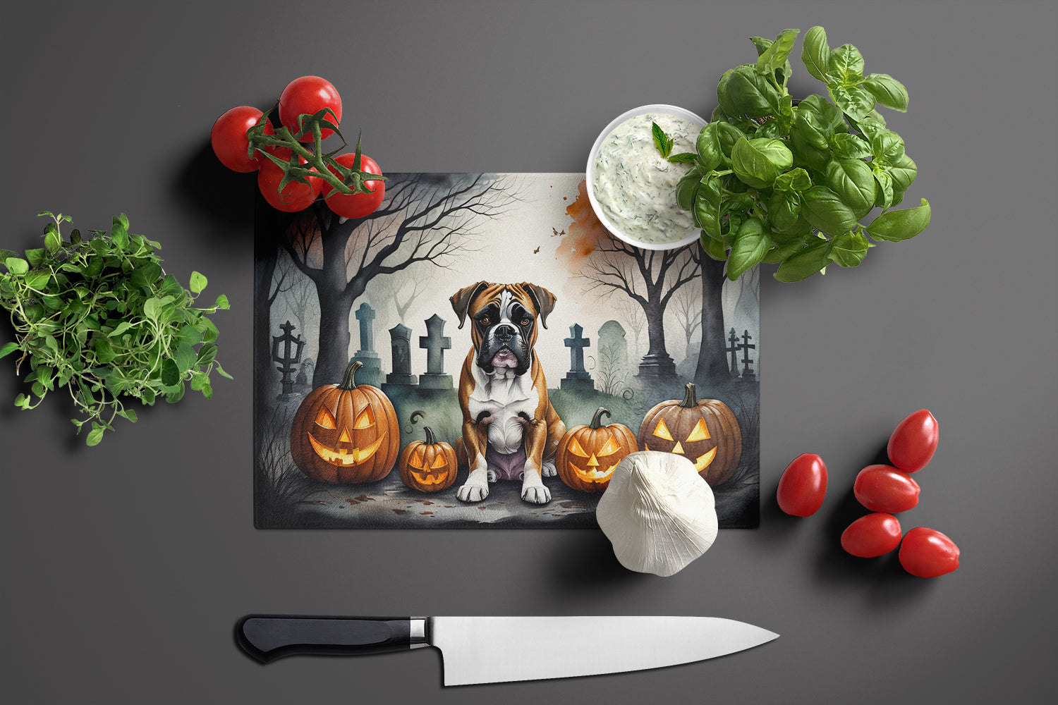 Boxer Spooky Halloween Glass Cutting Board Large