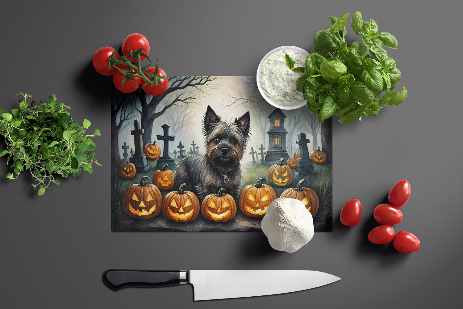 Cairn Terrier Spooky Halloween Glass Cutting Board Large
