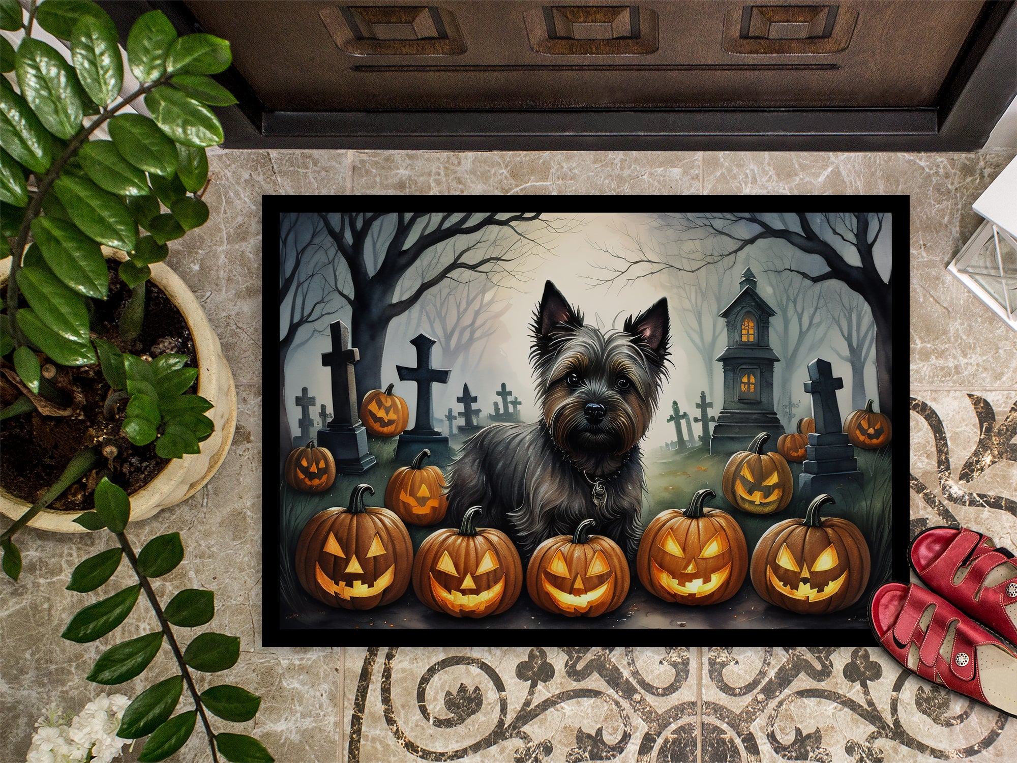 Cairn Terrier Spooky Halloween Doormat 18x27