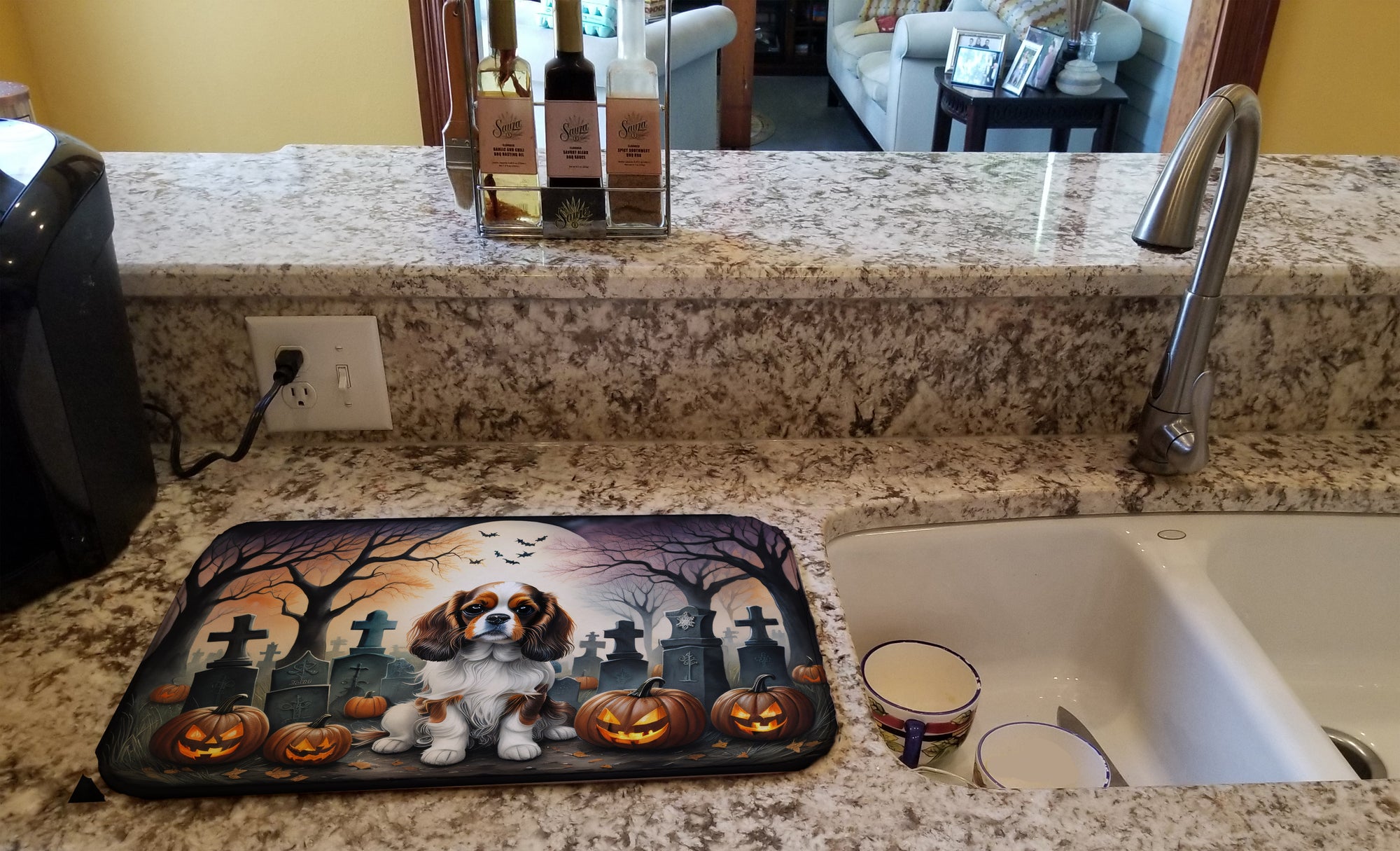 Cavalier Spaniel Spooky Halloween Dish Drying Mat
