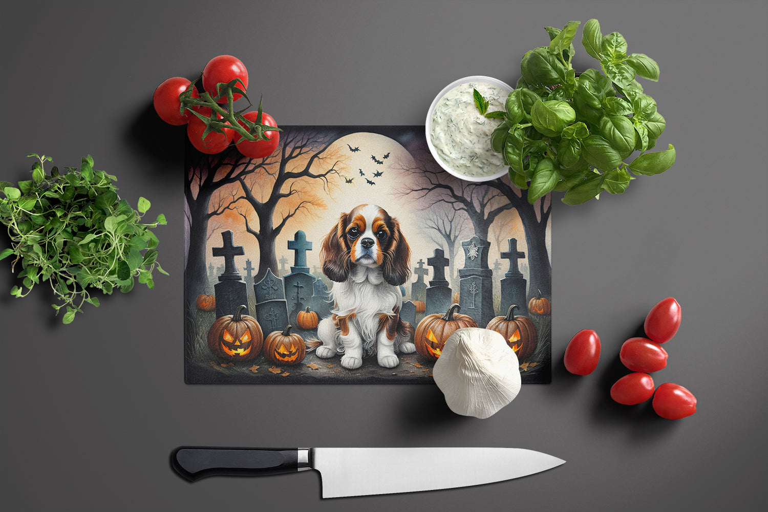 Cavalier Spaniel Spooky Halloween Glass Cutting Board Large
