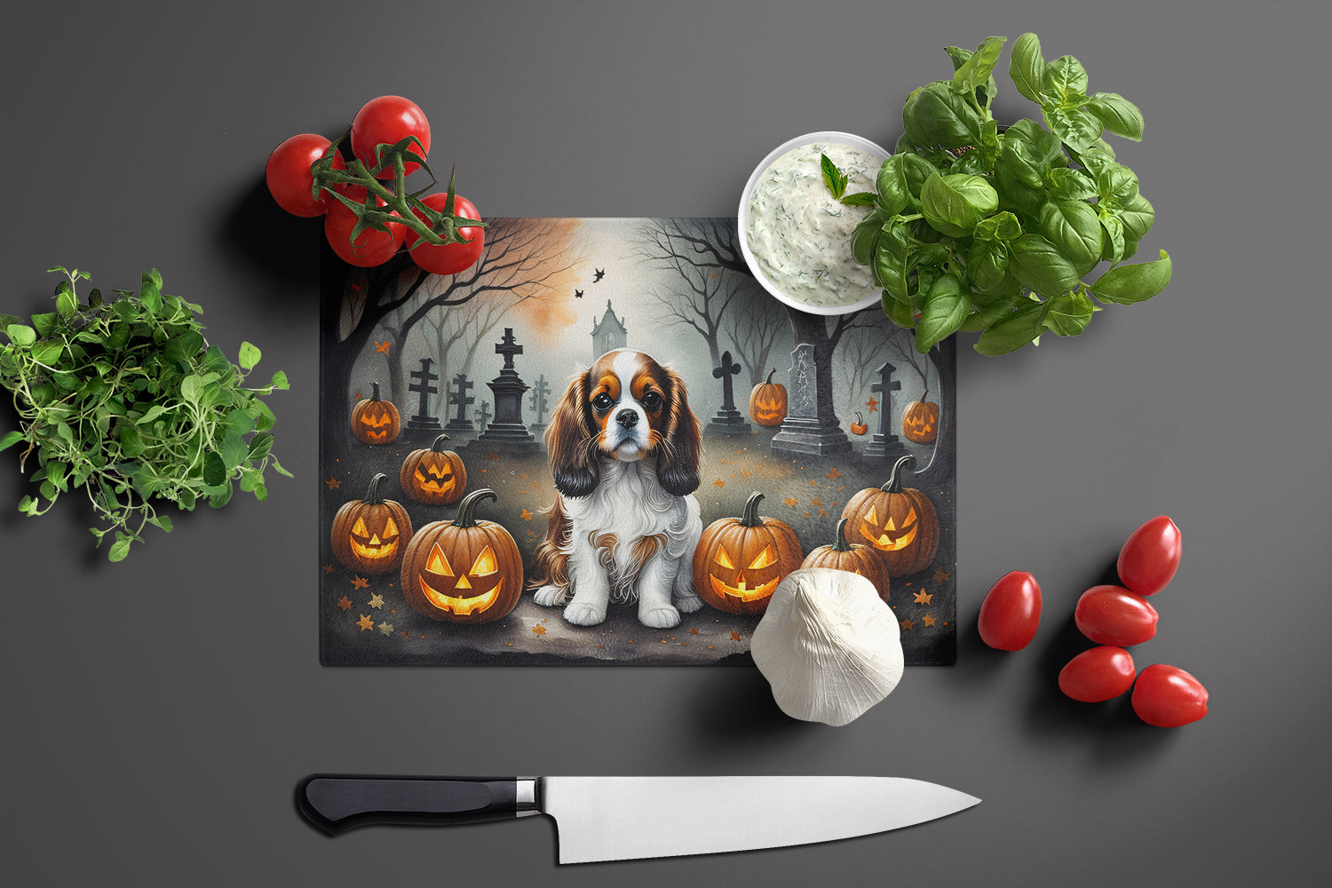 Cavalier Spaniel Spooky Halloween Glass Cutting Board Large