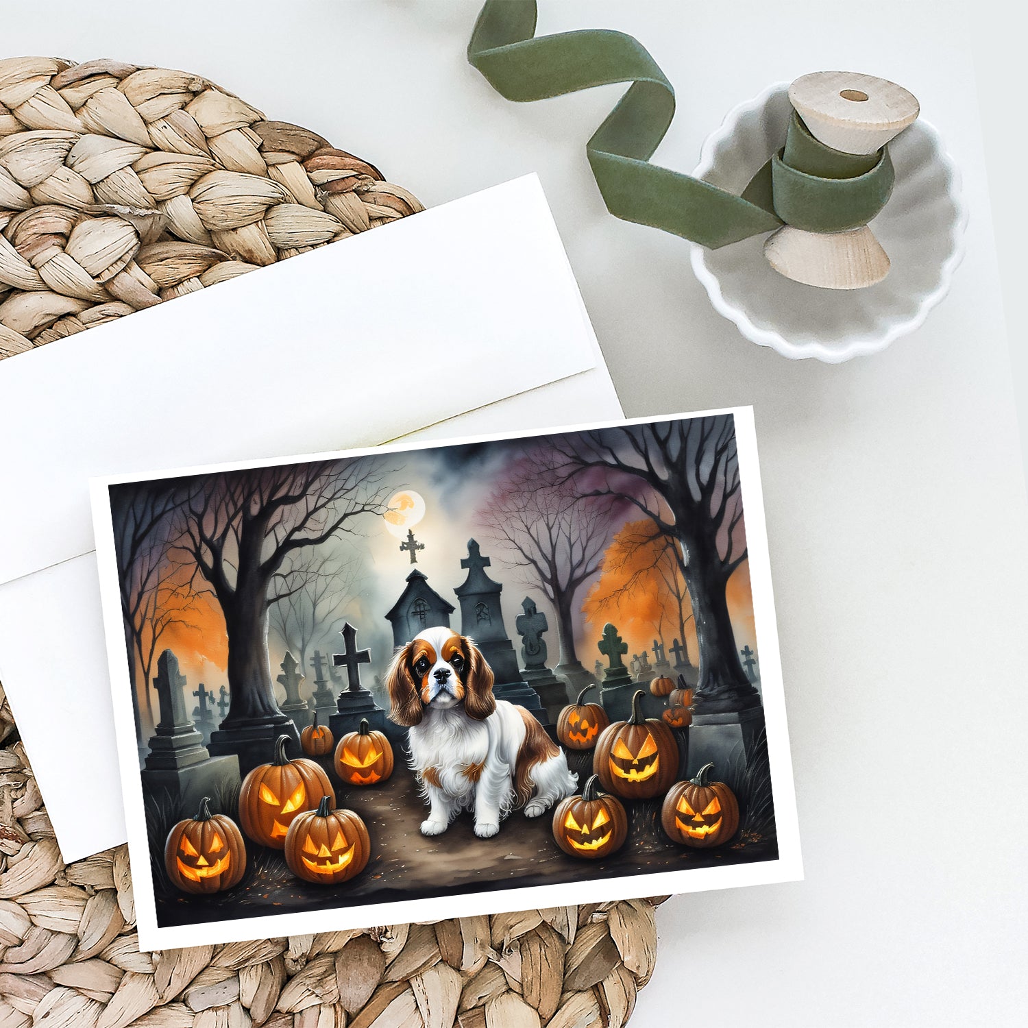 Cavalier Spaniel Spooky Halloween Greeting Cards and Envelopes Pack of 8