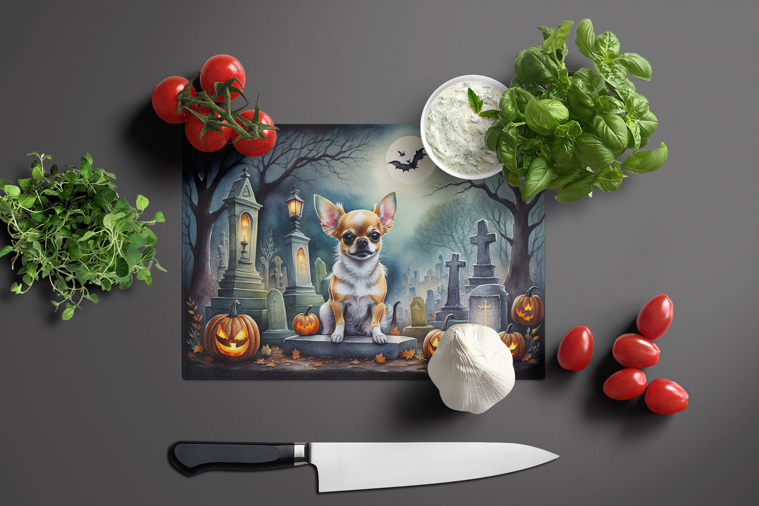Chihuahua Spooky Halloween Glass Cutting Board Large