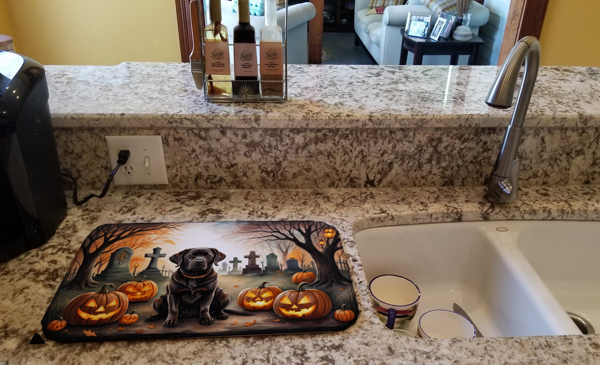 Chocolate Labrador Retriever Spooky Halloween Dish Drying Mat