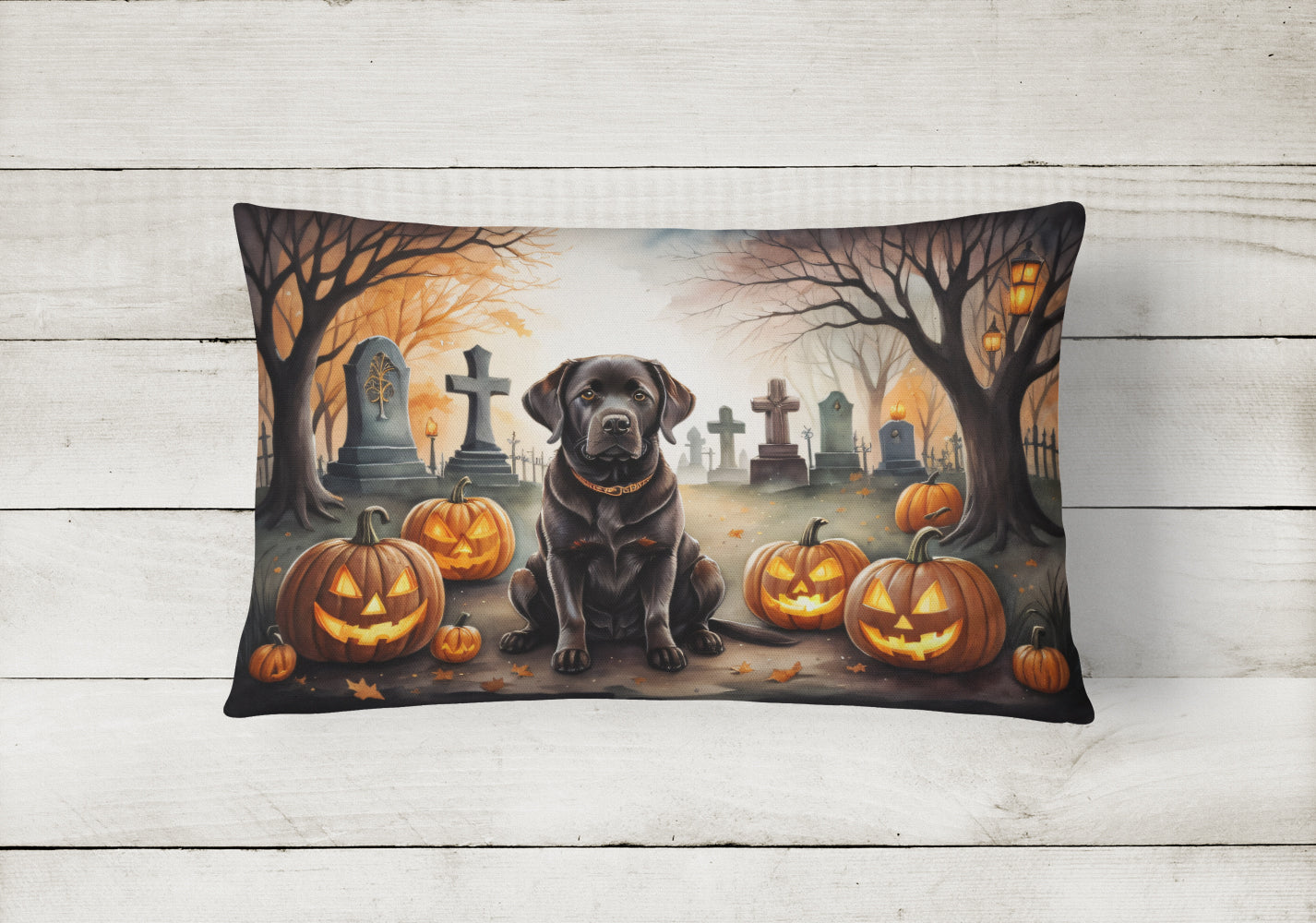 Chocolate Labrador Retriever Spooky Halloween Fabric Decorative Pillow