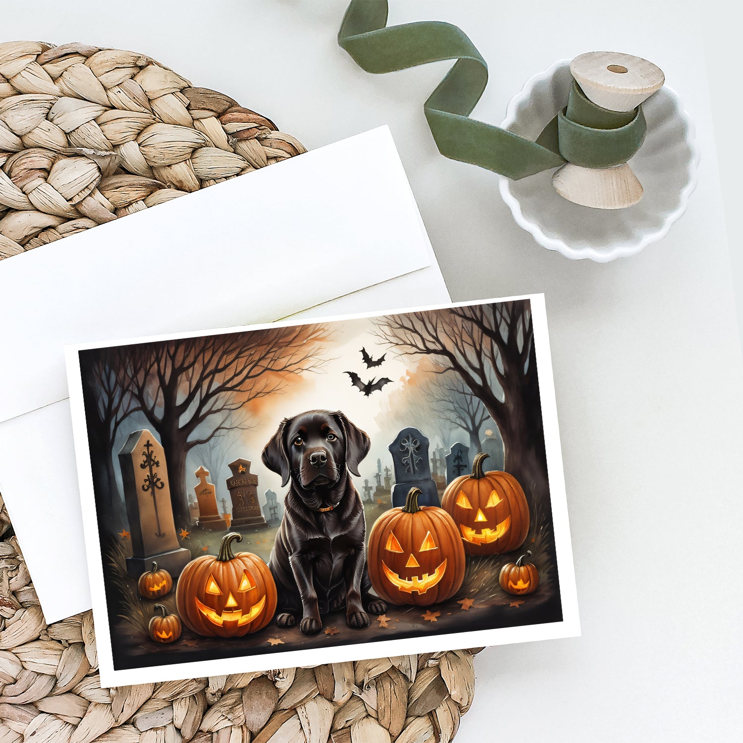 Chocolate Labrador Retriever Spooky Halloween Greeting Cards and Envelopes Pack of 8