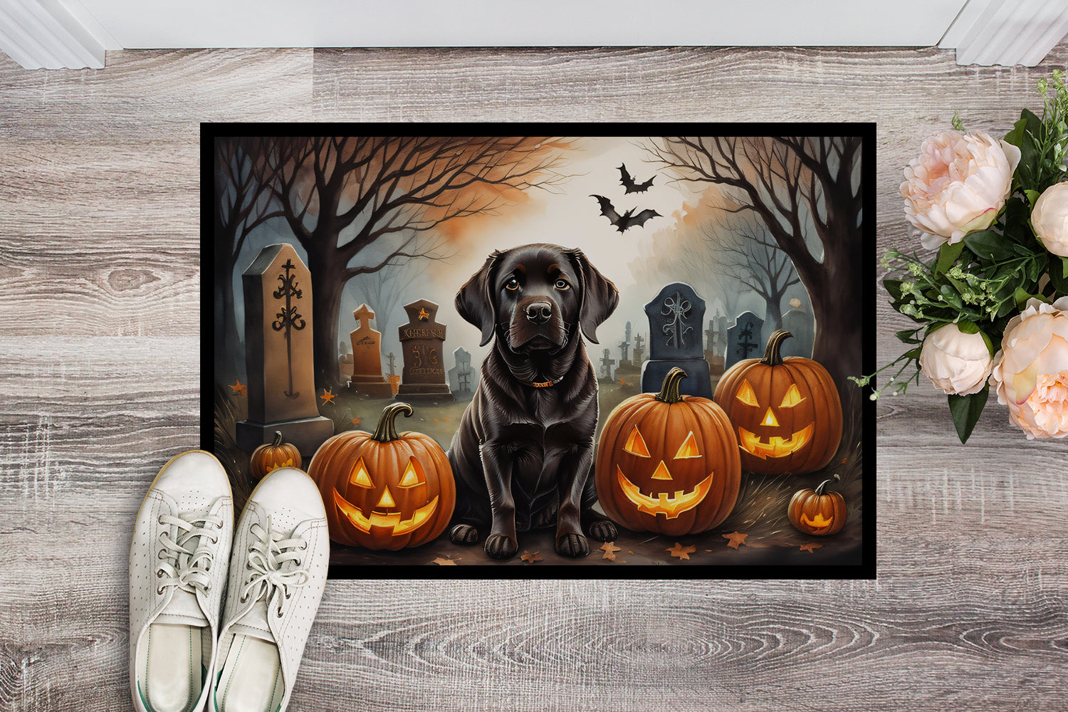 Chocolate Labrador Retriever Spooky Halloween Indoor or Outdoor Mat 24x36