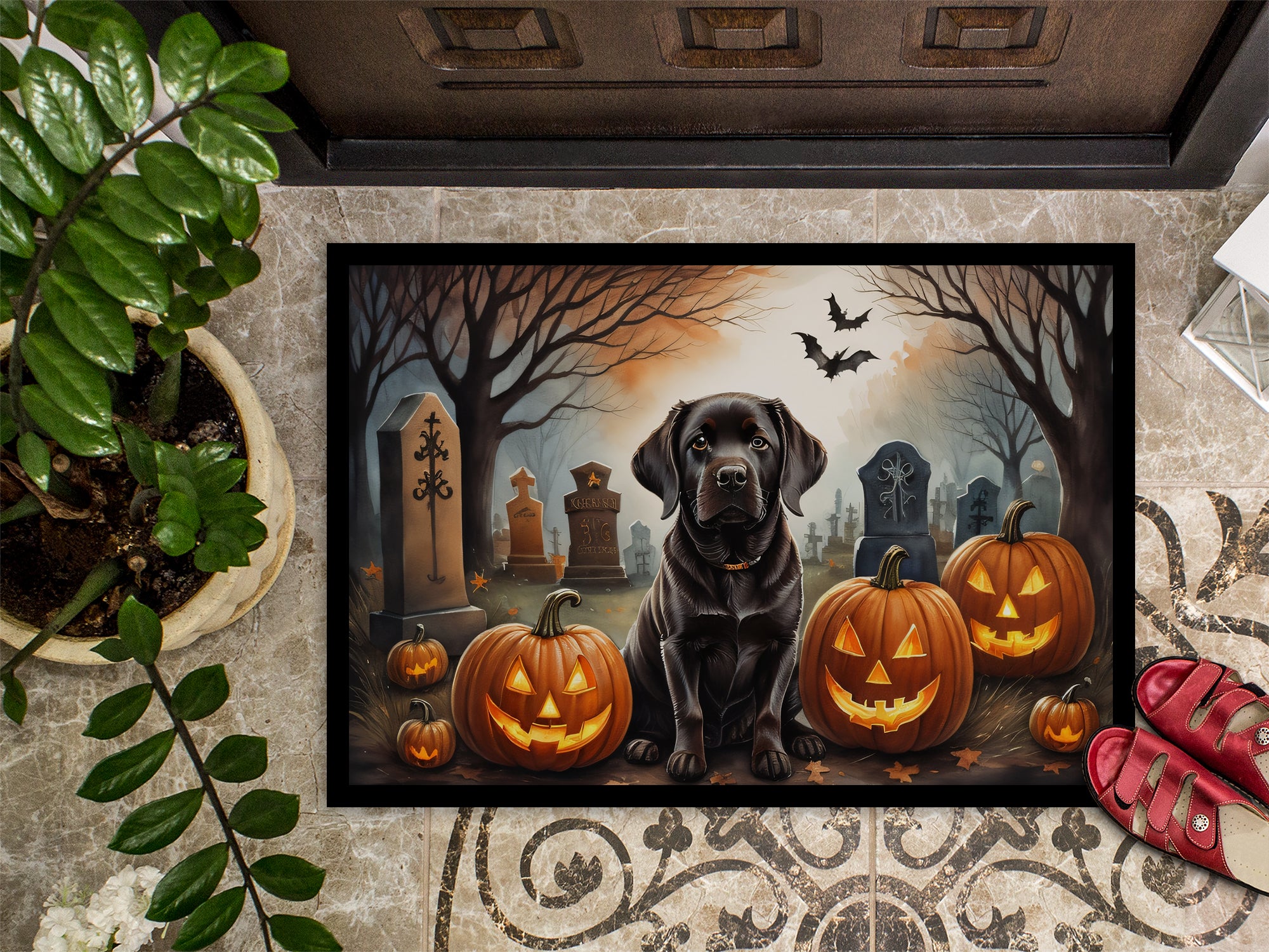 Chocolate Labrador Retriever Spooky Halloween Indoor or Outdoor Mat 24x36