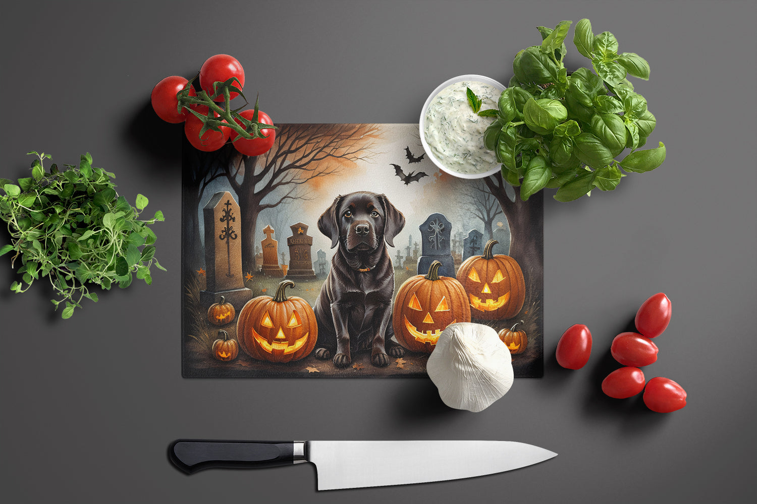 Chocolate Labrador Retriever Spooky Halloween Glass Cutting Board Large