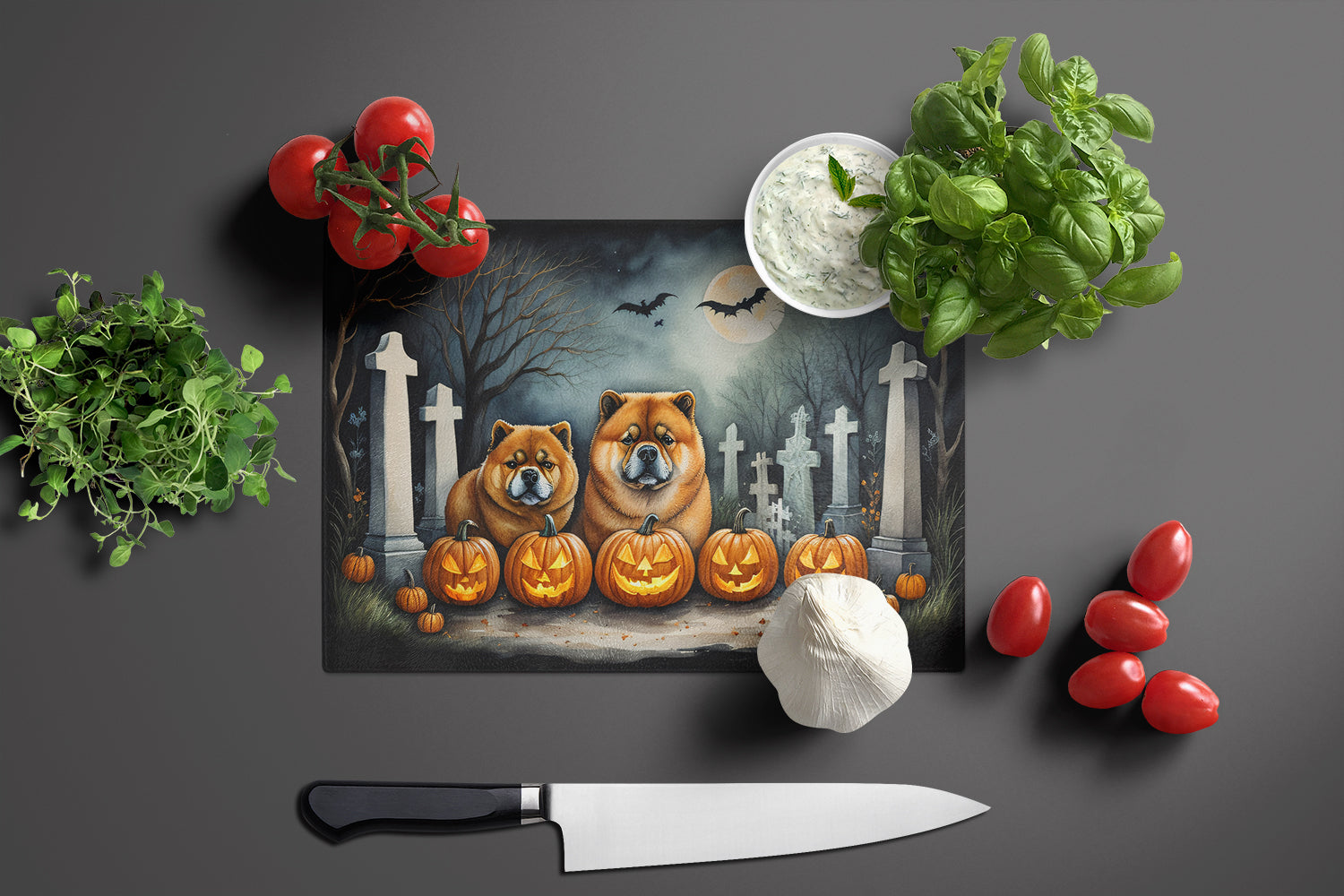 Chow Chow Spooky Halloween Glass Cutting Board Large