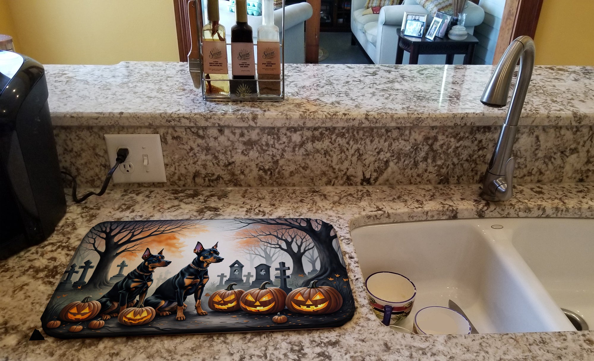 Doberman Pinscher Spooky Halloween Dish Drying Mat
