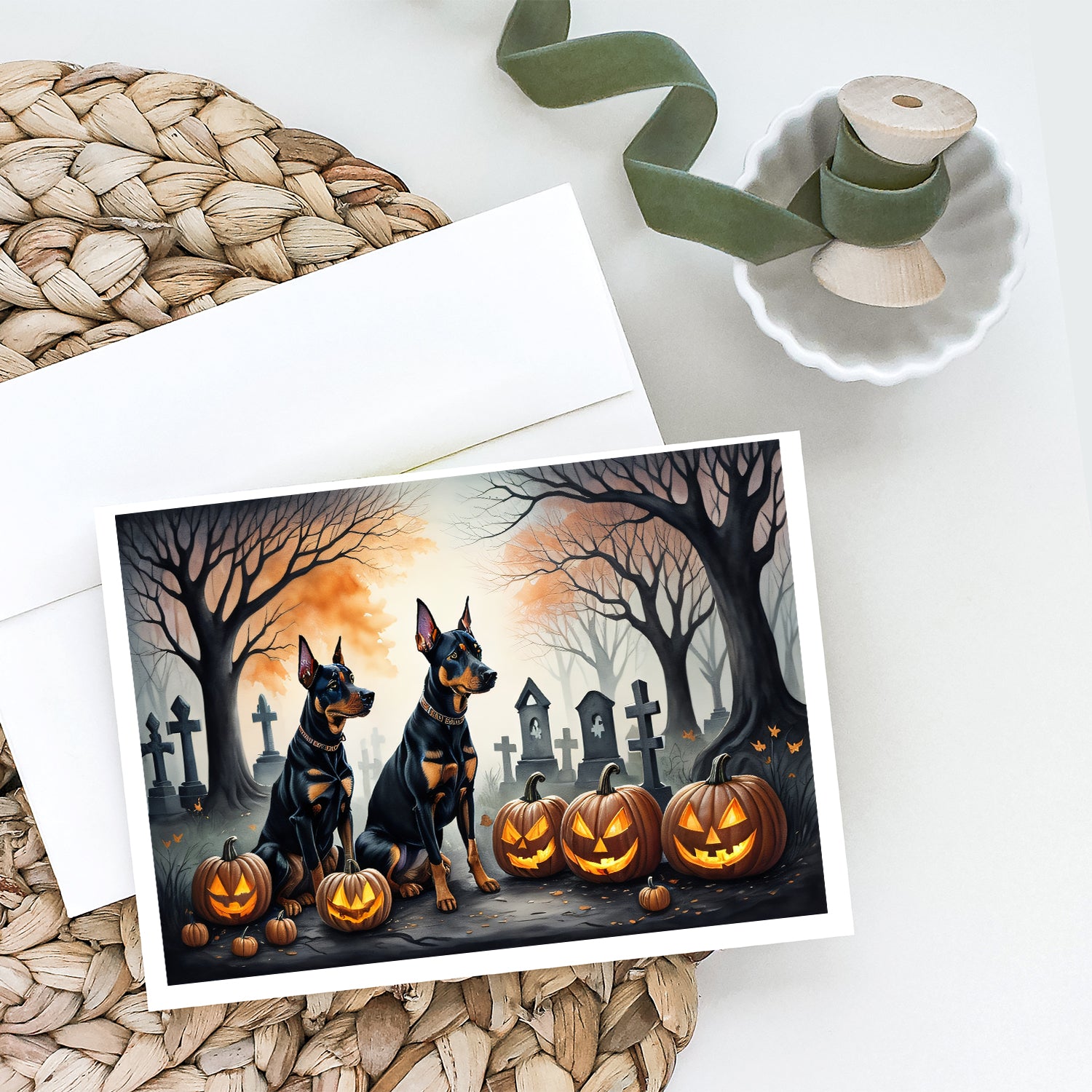 Doberman Pinscher Spooky Halloween Greeting Cards and Envelopes Pack of 8