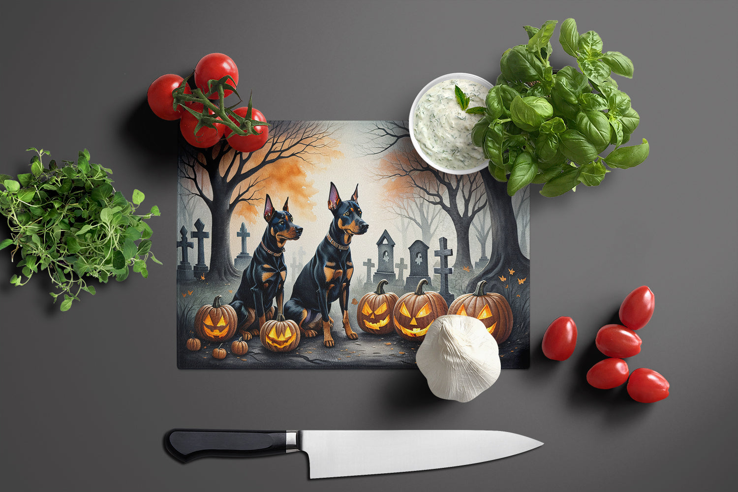 Doberman Pinscher Spooky Halloween Glass Cutting Board Large