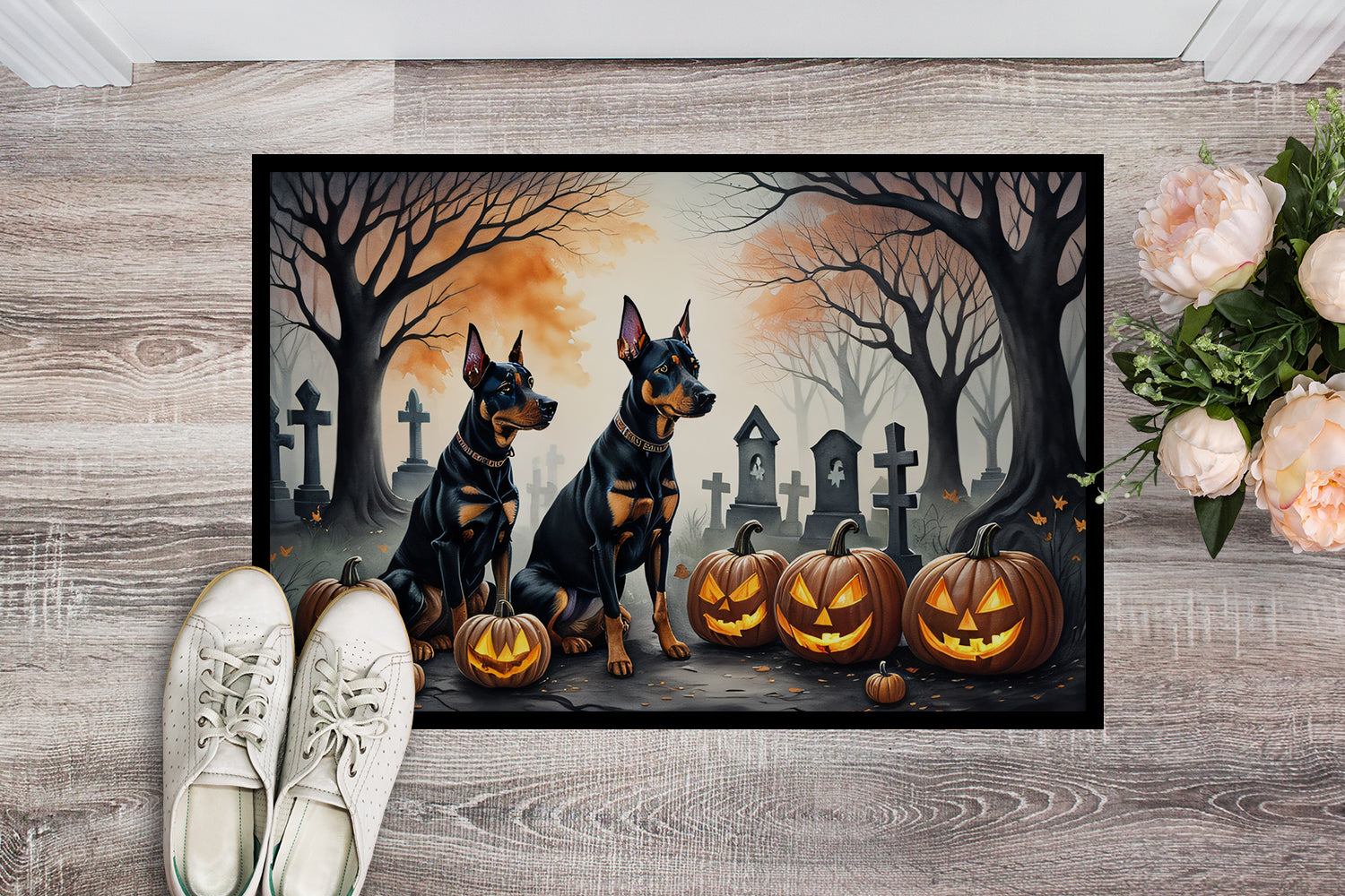 Doberman Pinscher Spooky Halloween Doormat 18x27