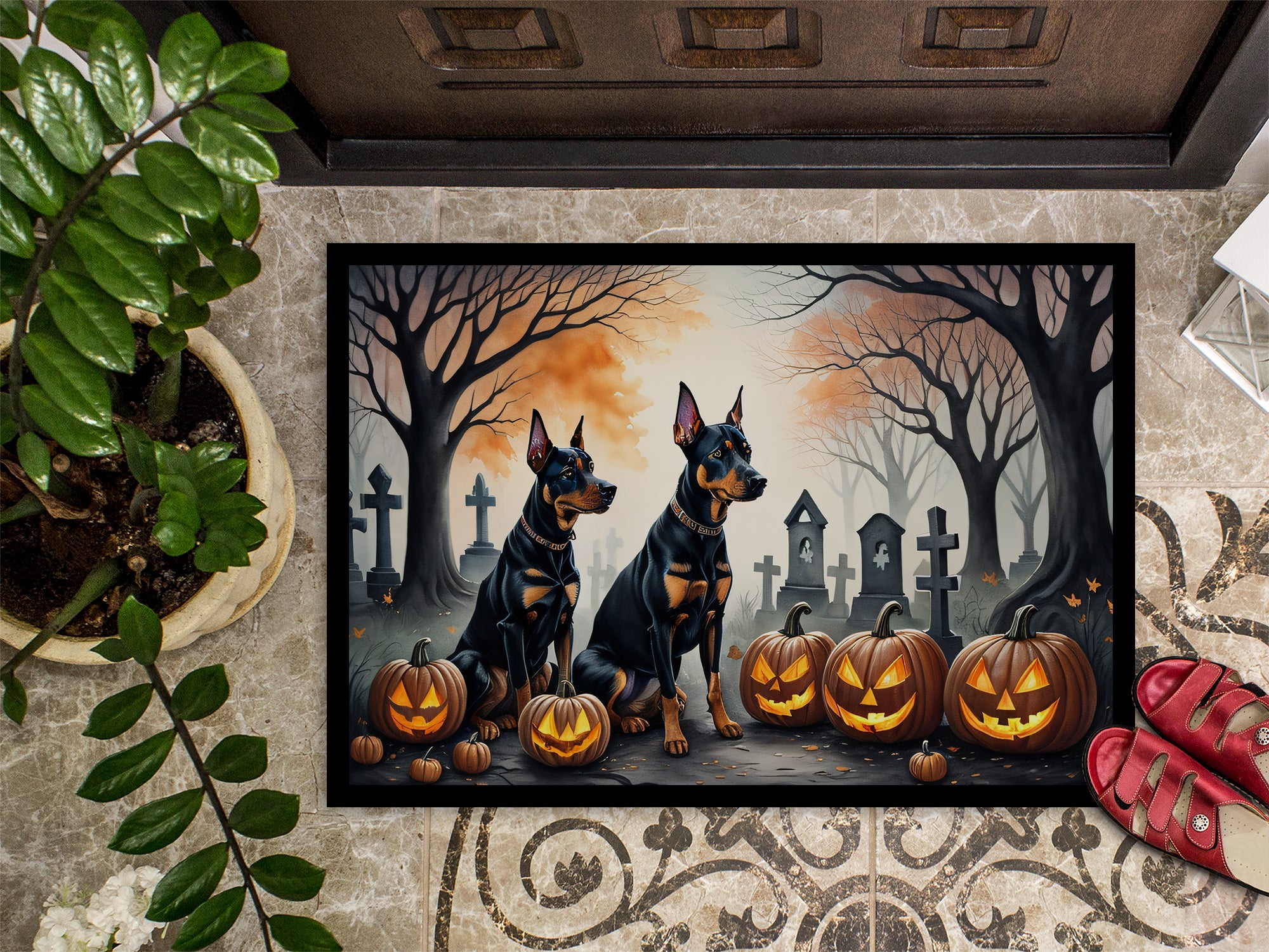 Doberman Pinscher Spooky Halloween Doormat 18x27