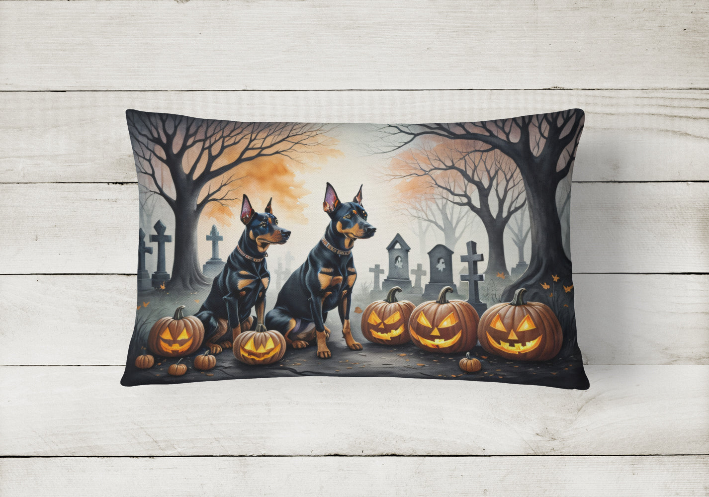 Doberman Pinscher Spooky Halloween Fabric Decorative Pillow