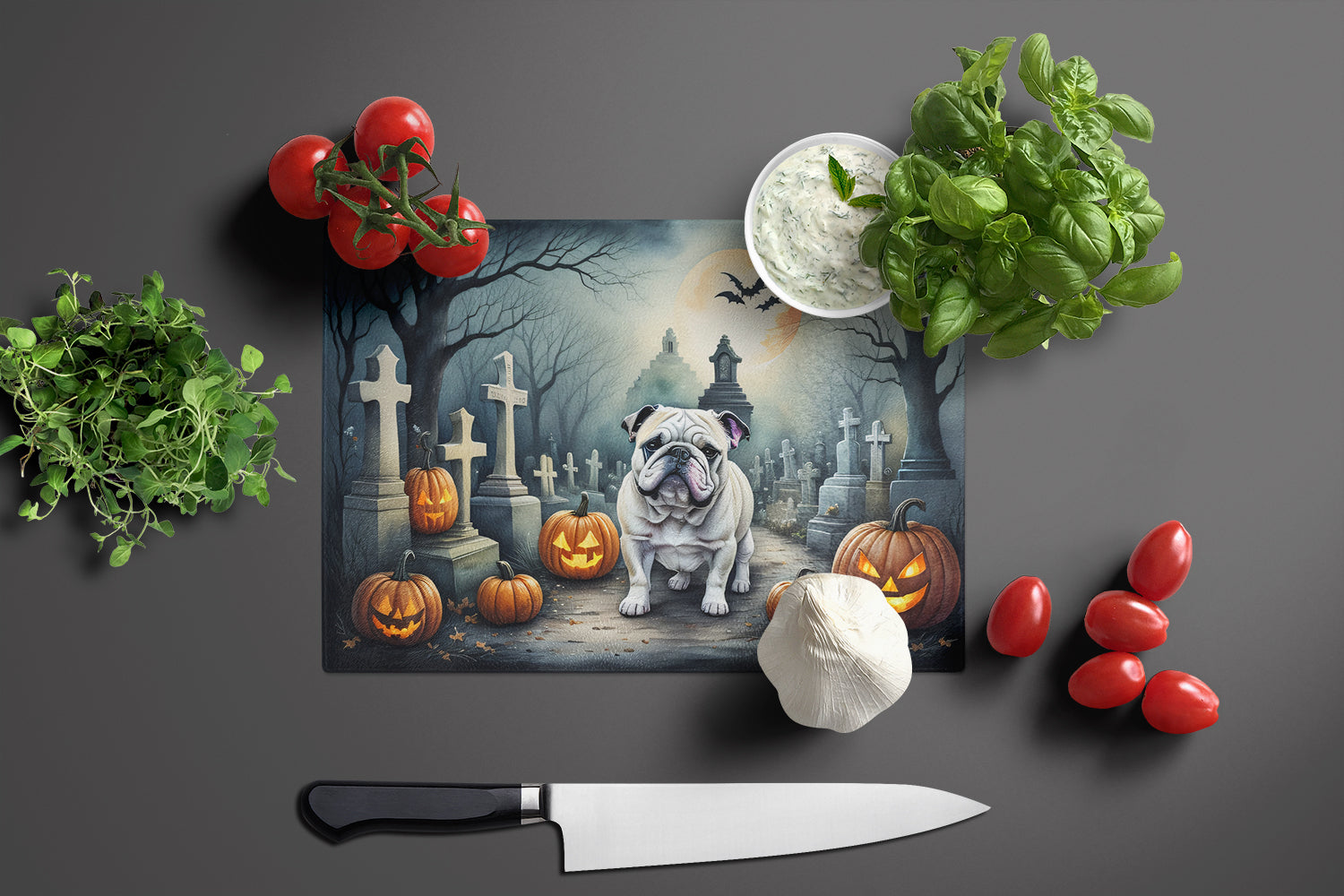 English Bulldog Spooky Halloween Glass Cutting Board Large