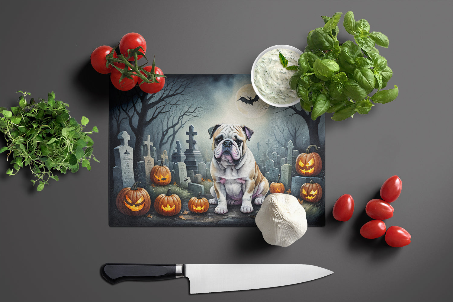 English Bulldog Spooky Halloween Glass Cutting Board Large