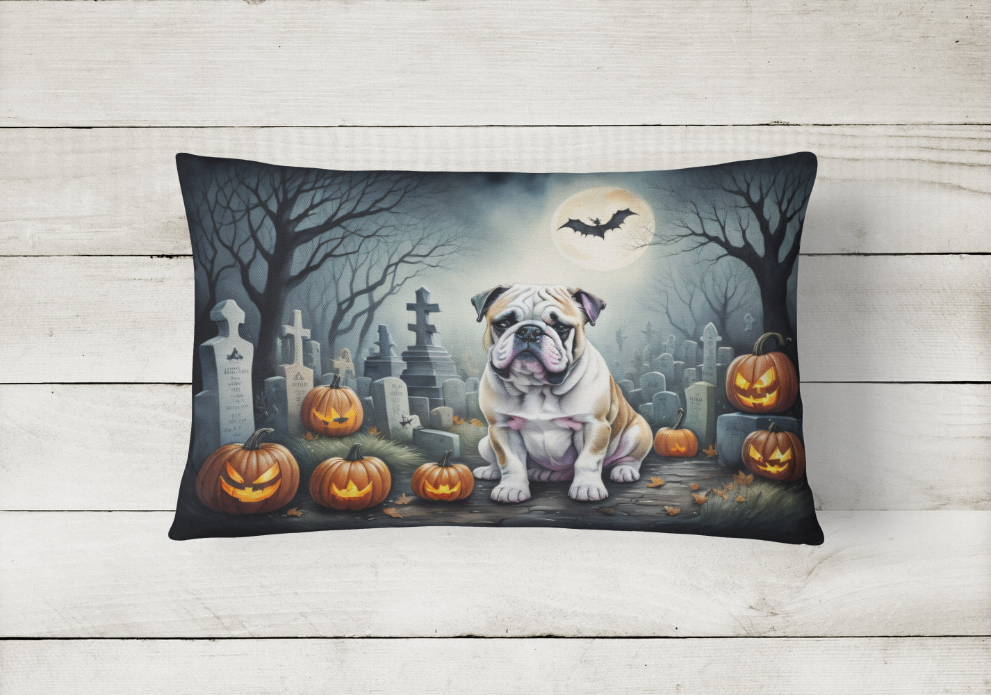 English Bulldog Spooky Halloween Fabric Decorative Pillow