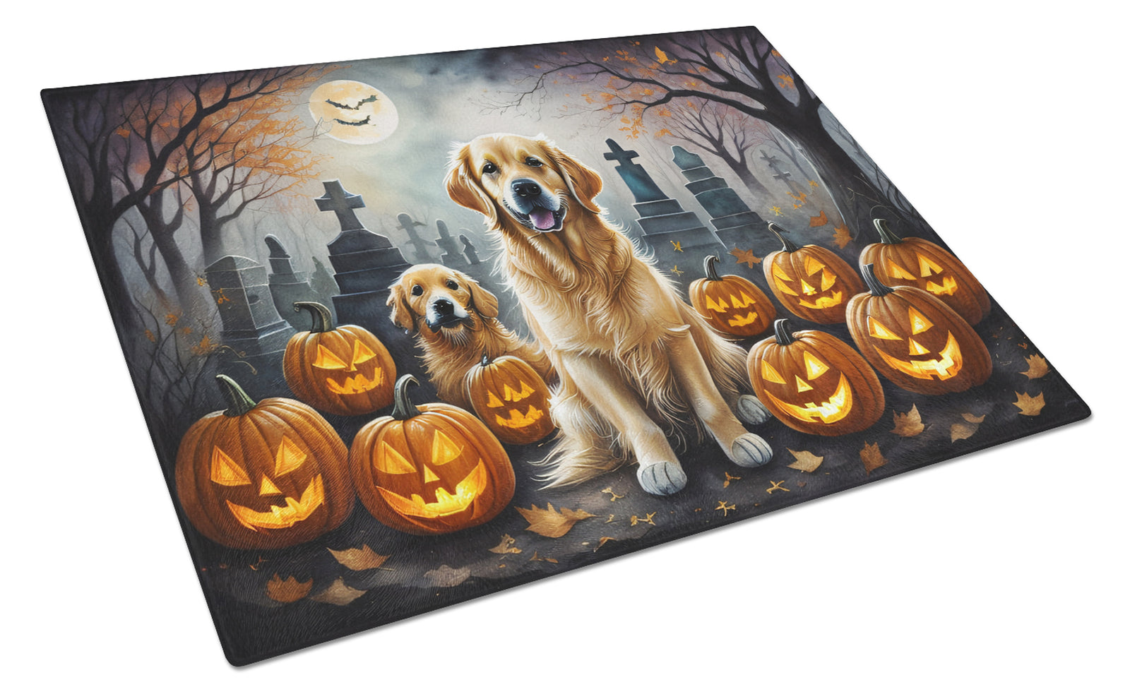 Buy this Golden Retriever Spooky Halloween Glass Cutting Board Large