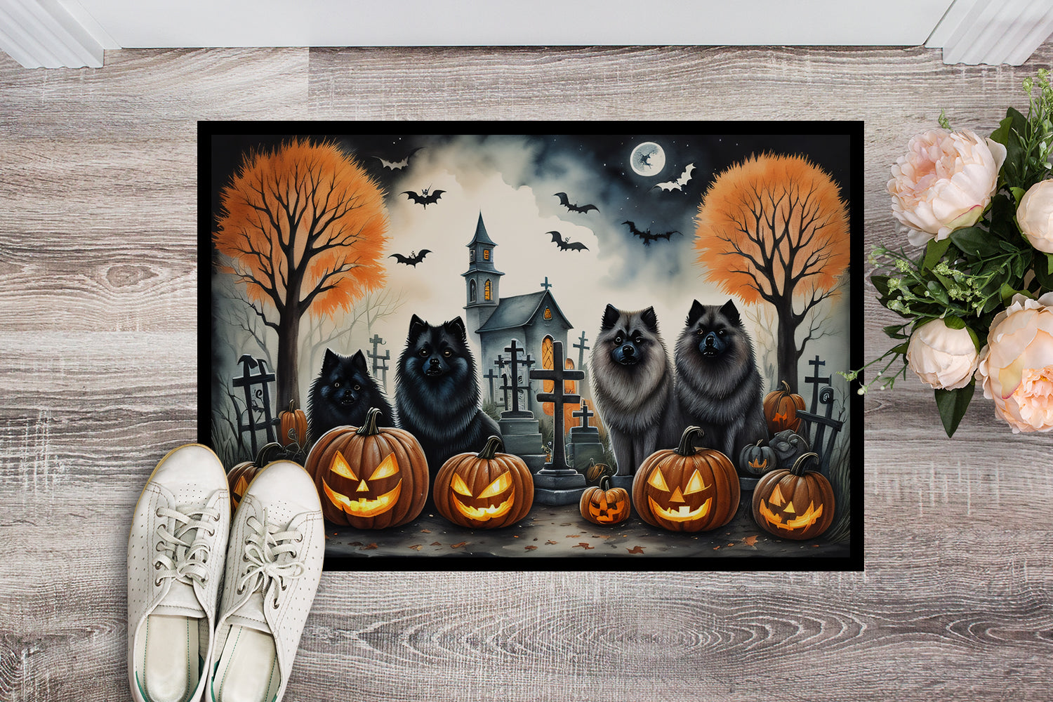 Keeshond Spooky Halloween Indoor or Outdoor Mat 24x36