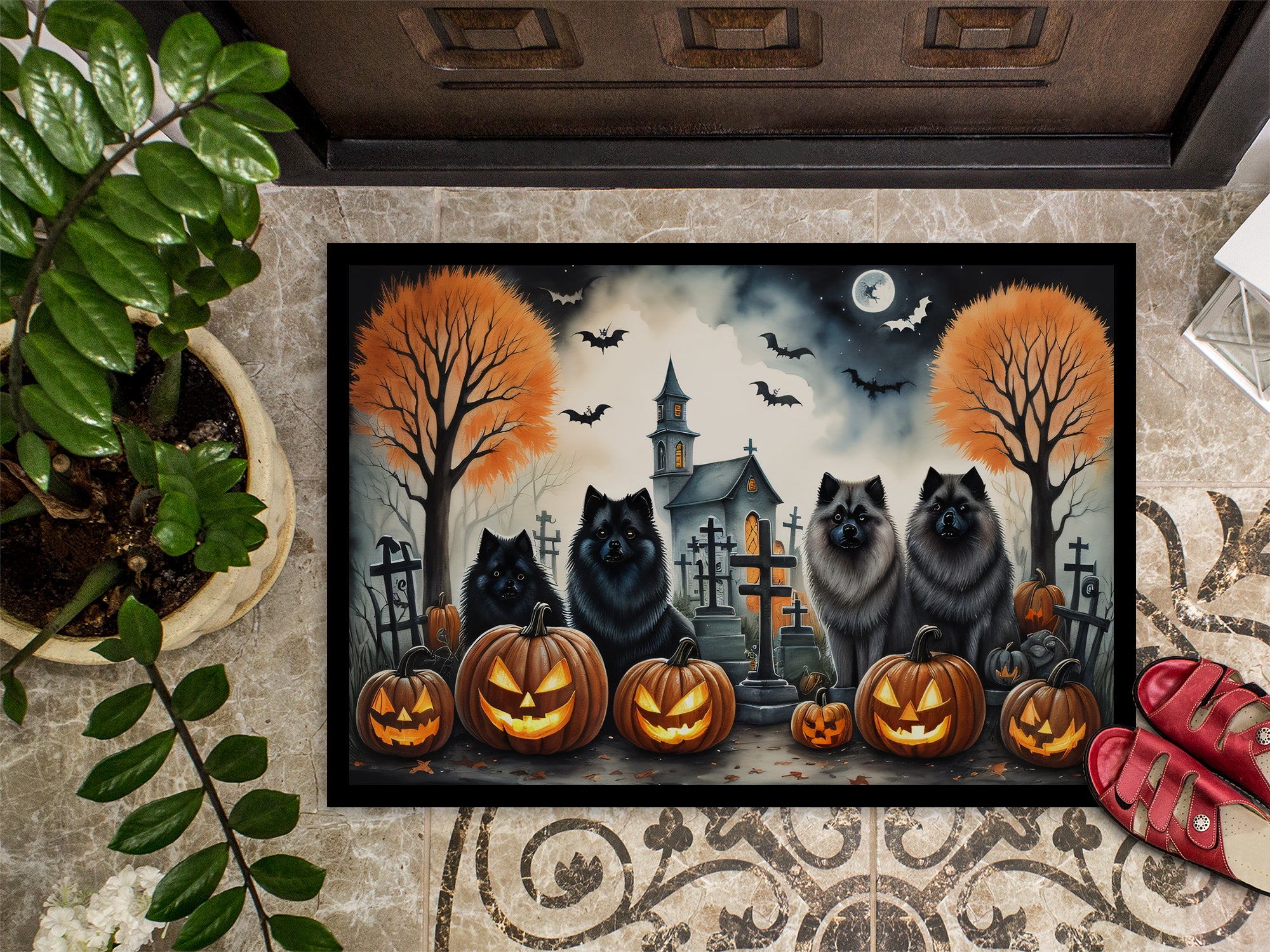 Keeshond Spooky Halloween Indoor or Outdoor Mat 24x36