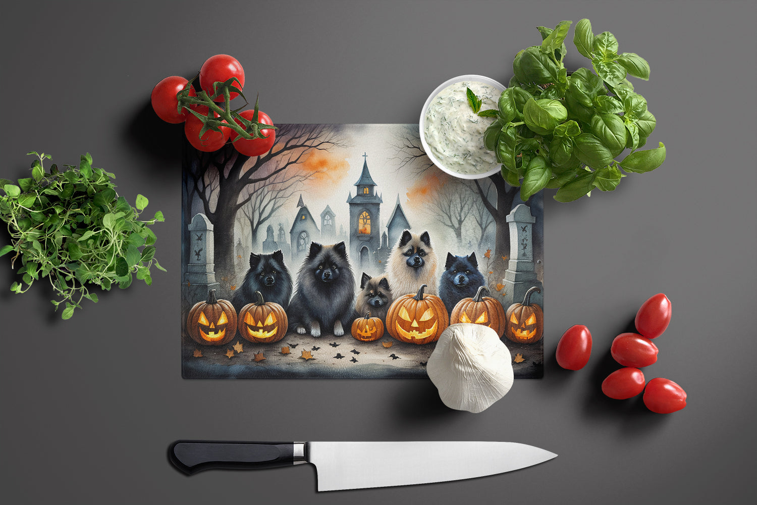 Keeshond Spooky Halloween Glass Cutting Board Large