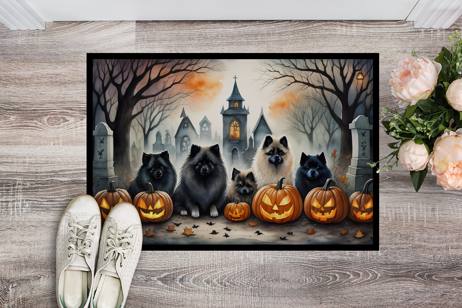 Keeshond Spooky Halloween Doormat 18x27