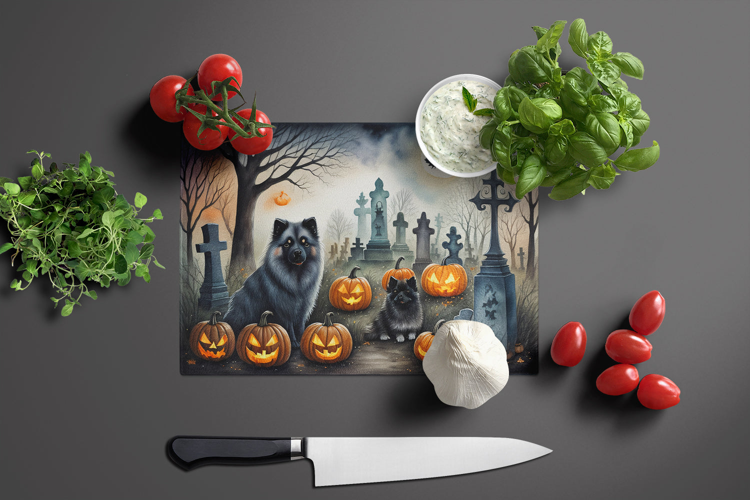 Keeshond Spooky Halloween Glass Cutting Board Large