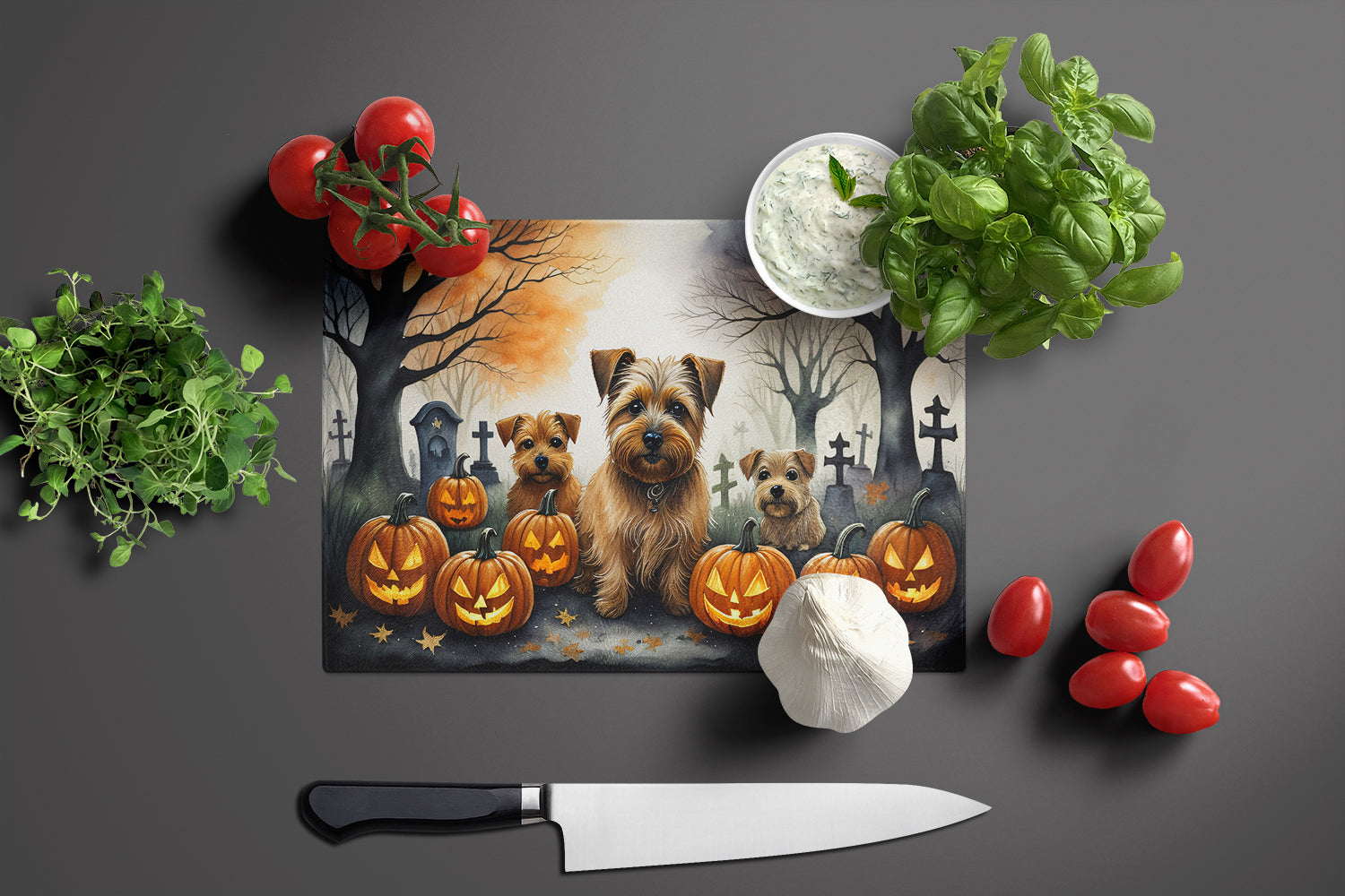 Norfolk Terrier Spooky Halloween Glass Cutting Board Large