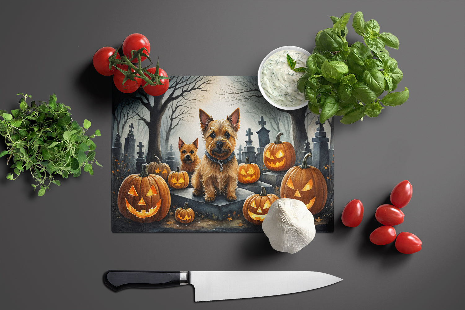 Norwich Terrier Spooky Halloween Glass Cutting Board Large
