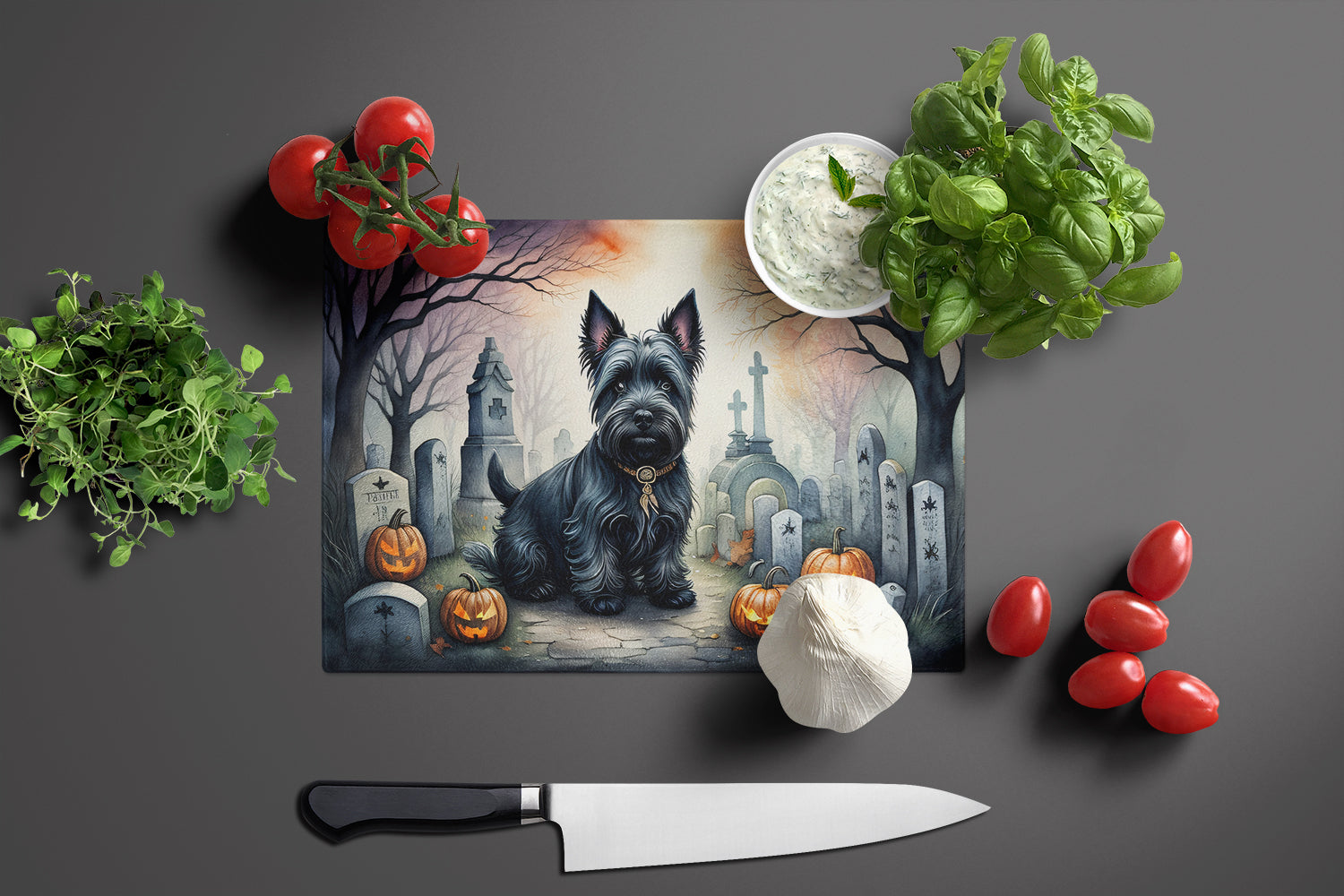 Scottish Terrier Spooky Halloween Glass Cutting Board Large