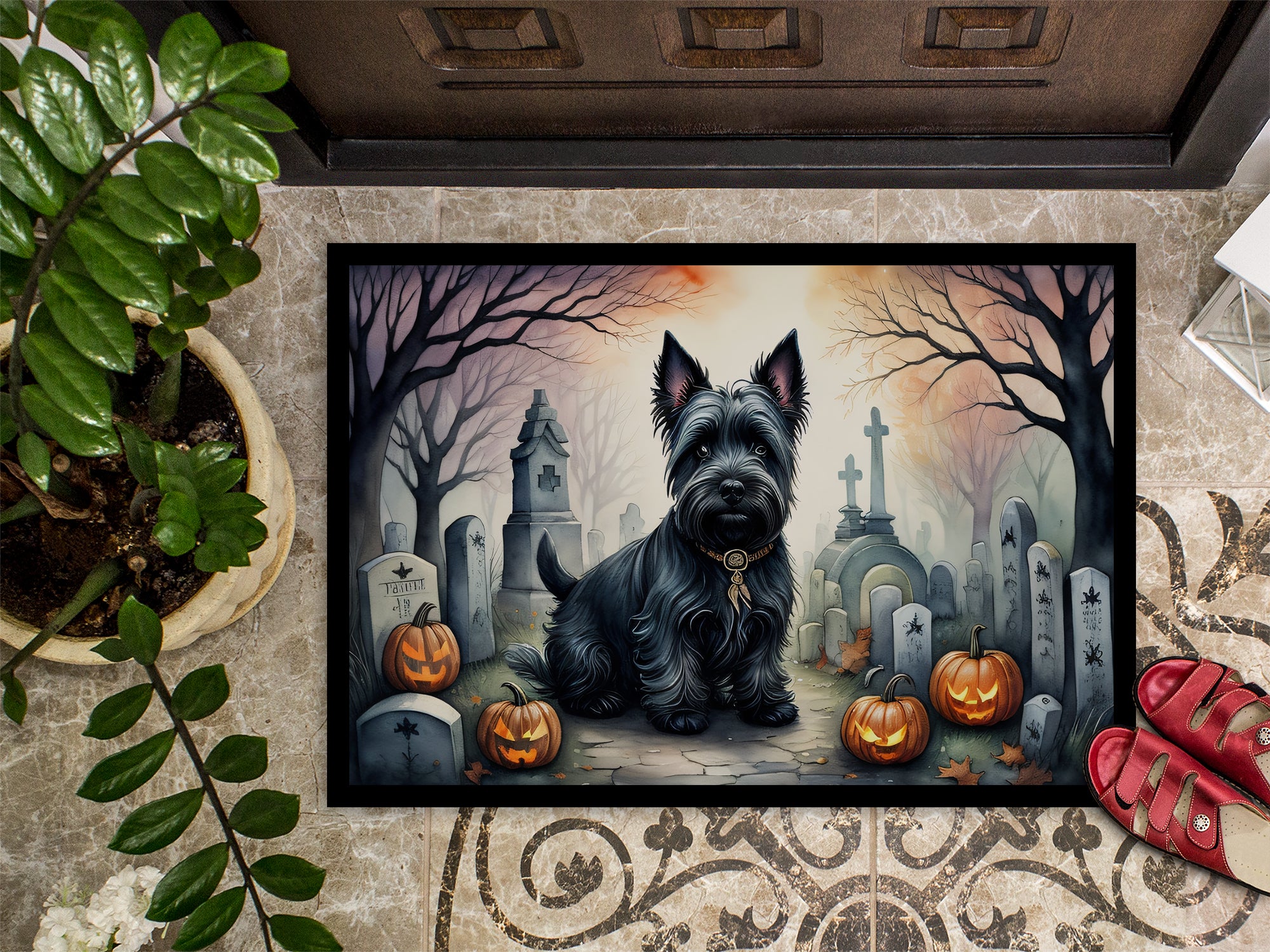 Scottish Terrier Spooky Halloween Doormat 18x27