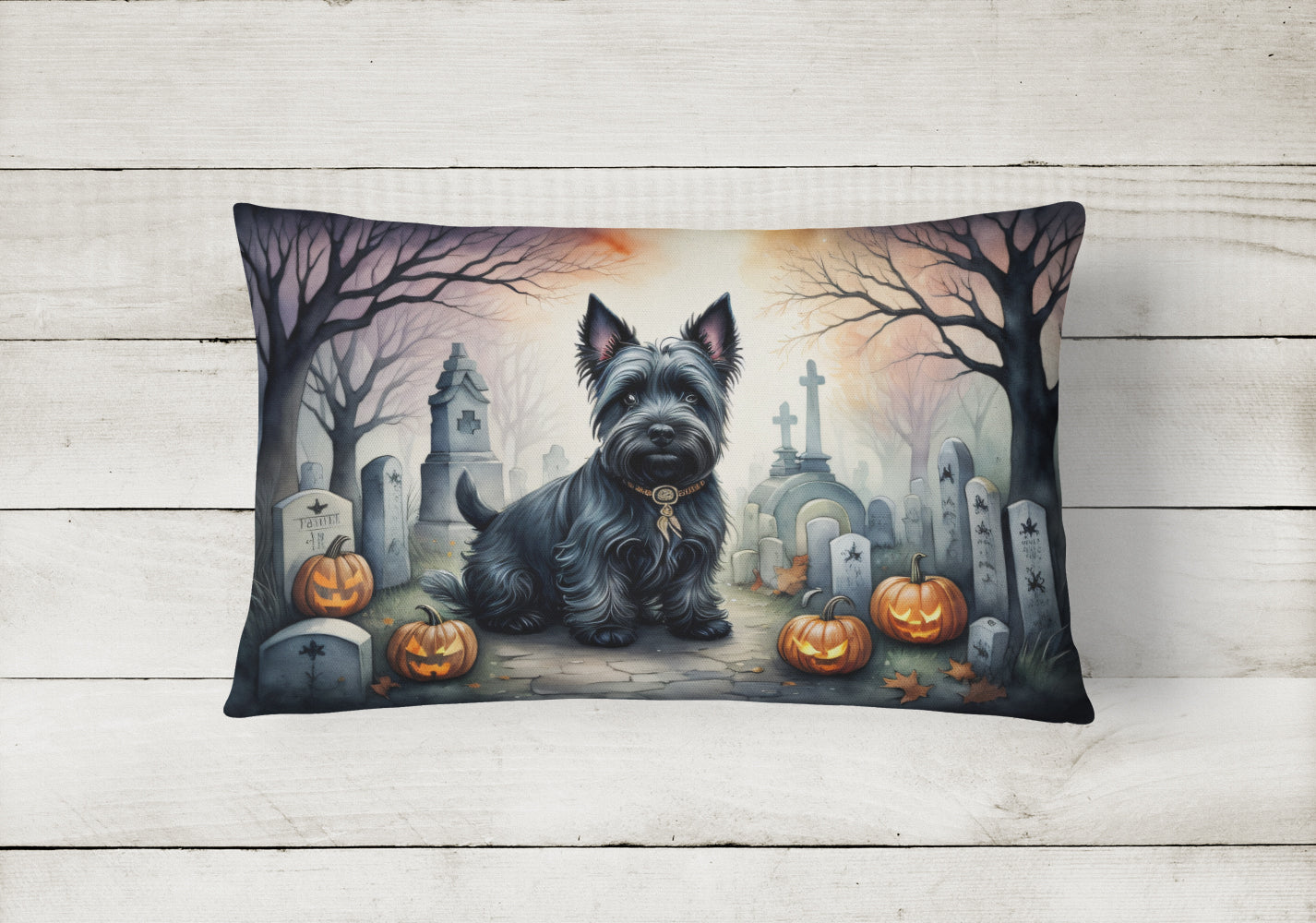 Scottish Terrier Spooky Halloween Fabric Decorative Pillow