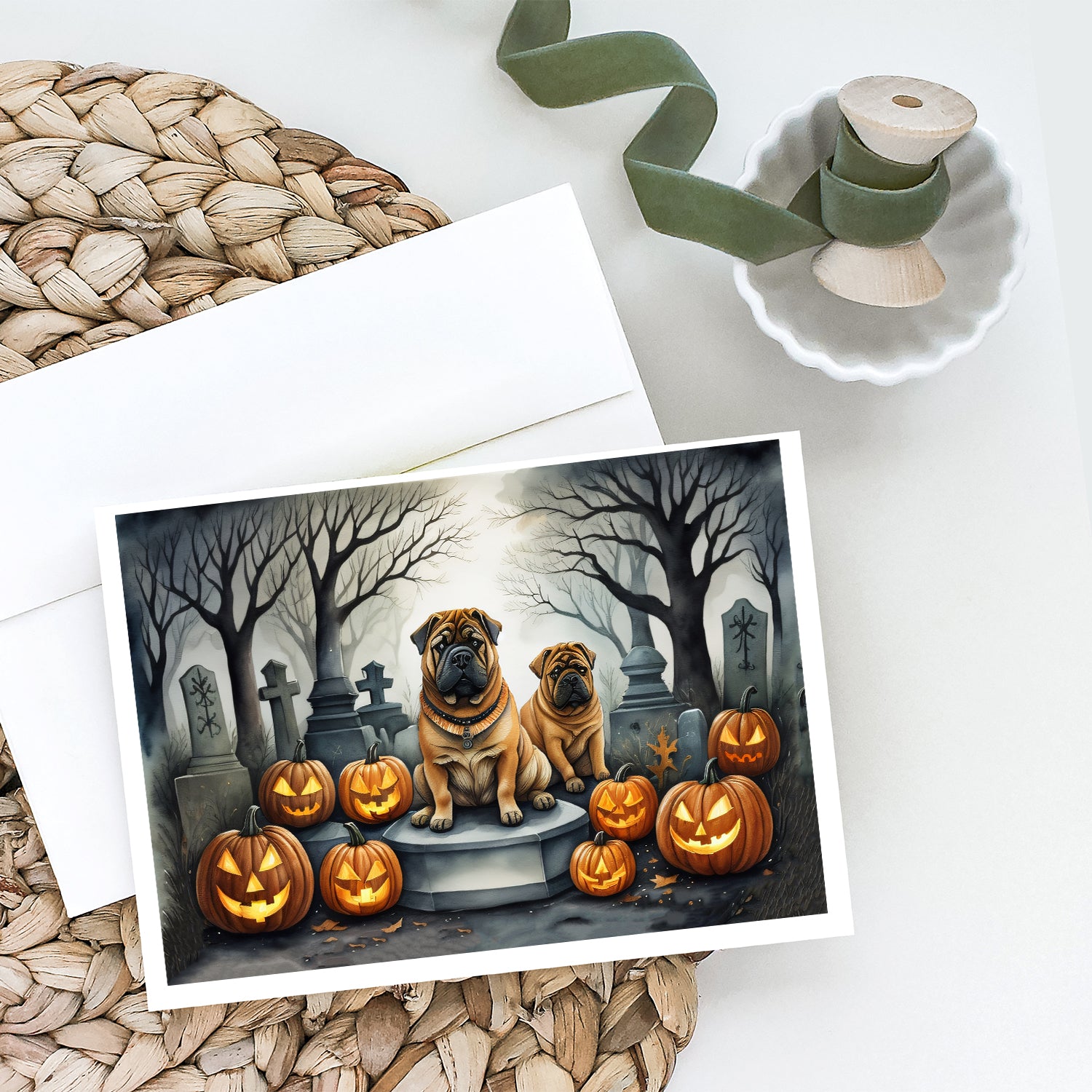 Shar Pei Spooky Halloween Greeting Cards and Envelopes Pack of 8