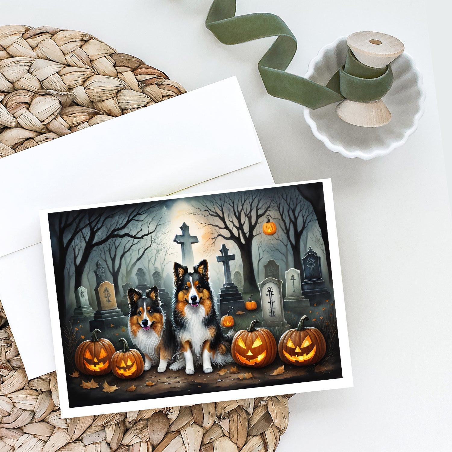 Sheltie Spooky Halloween Greeting Cards and Envelopes Pack of 8