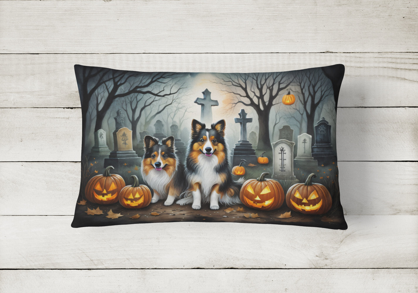 Sheltie Spooky Halloween Fabric Decorative Pillow