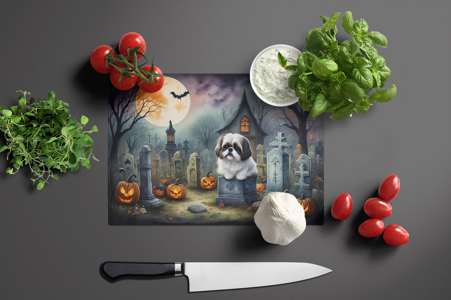 Shih Tzu Spooky Halloween Glass Cutting Board Large