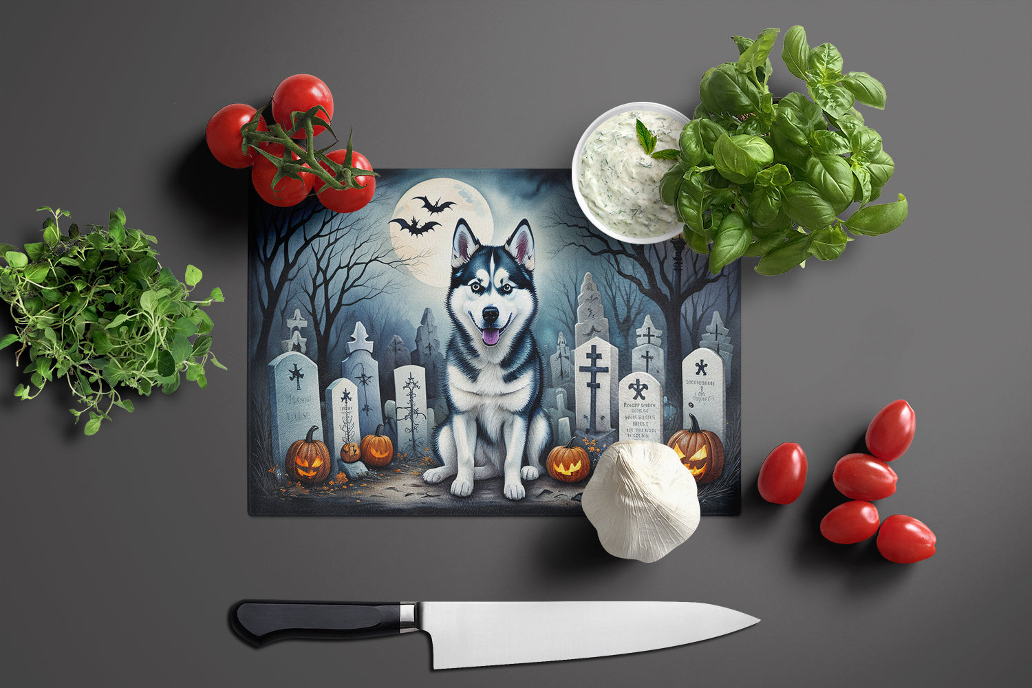 Siberian Husky Spooky Halloween Glass Cutting Board Large