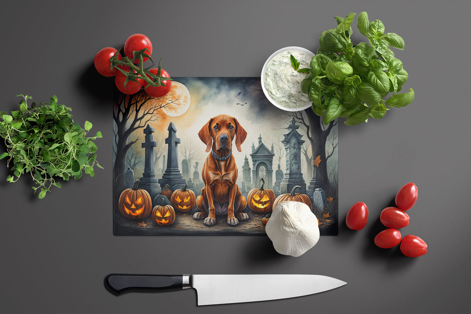 Vizsla Spooky Halloween Glass Cutting Board Large